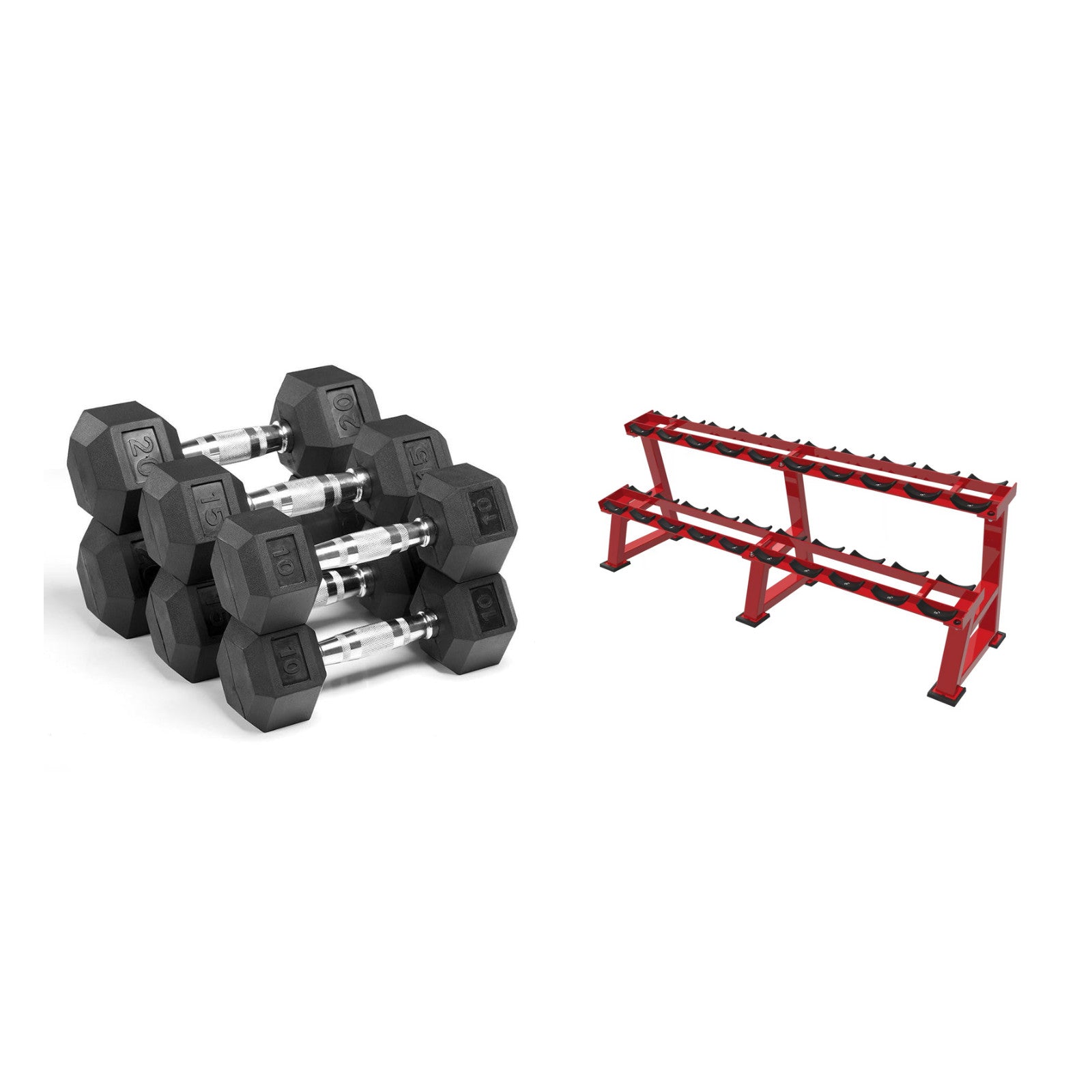 2.5kg to 25kg Rubber Hex Dumbbell Set with Rack - 10 Pairs bundle