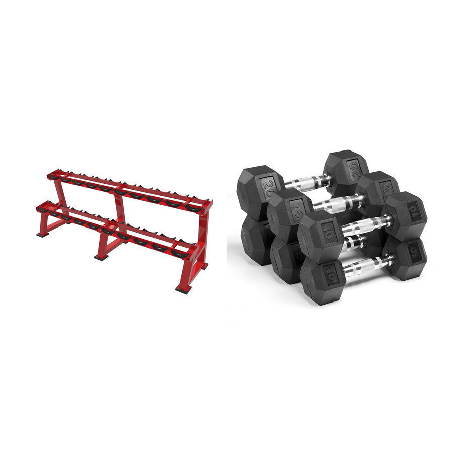 2.5kg to 25kg Rubber Hex Dumbbell Set with Rack - 10 Pairs