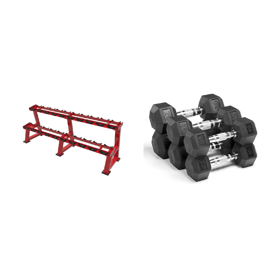 27.5kg to 50kg Rubber Hex Dumbbell Set with Rack - 10 Pairs